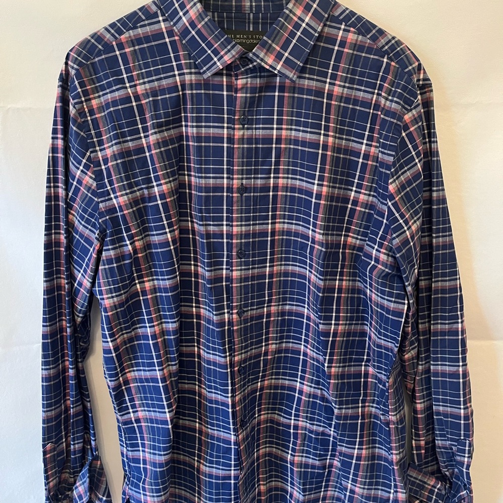 Bloomingdale’s navy and pink plaid button down